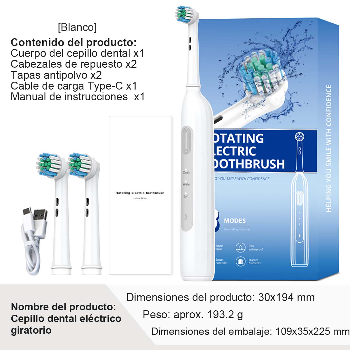"Cepillo de dientes eléctrico rotatorio de tendencia, larga duración, estándar DuPont de limpieza, eje metálico, cabezal redondo."