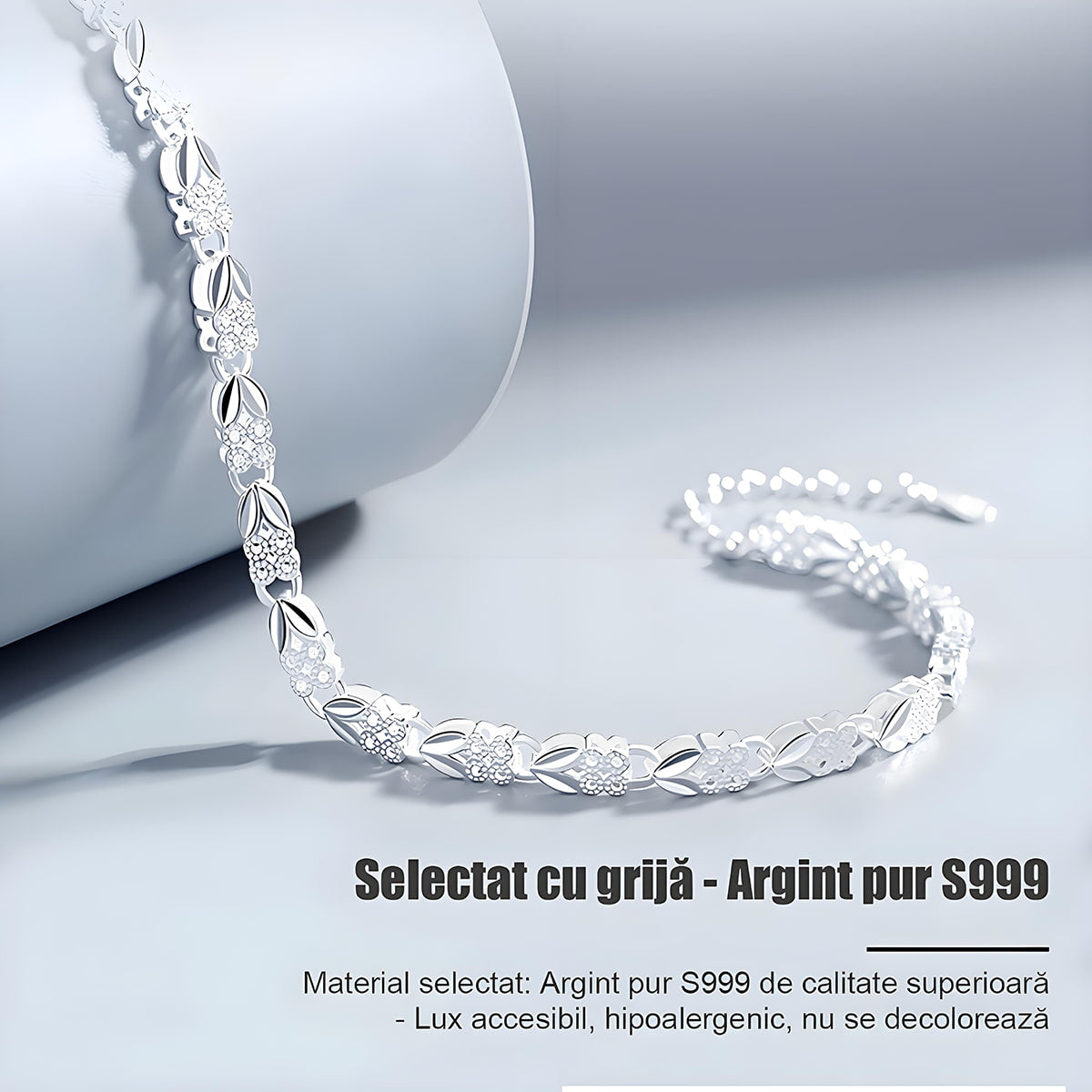 Brățară din argint pur, design exclusiv trifoi și inimioară, bijuterie modernă și delicată.