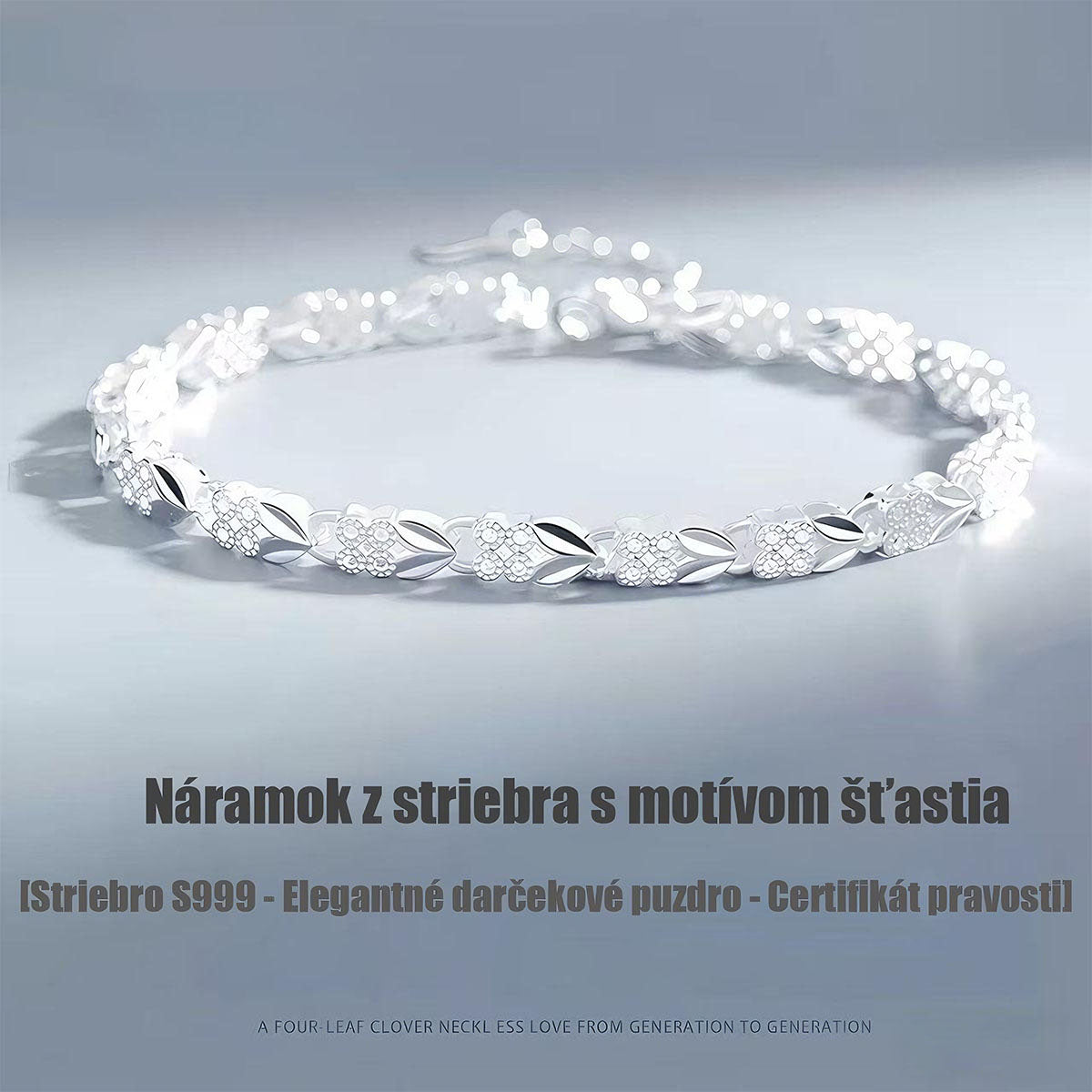 Strieborný náramok s originálnym dizajnom, štvorlístkom a srdiečkom – moderný a štýlový doplnok