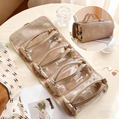 Bolso de maquillaje colgante y desmontable para personas perezosas; bolso de almacenamiento plegable y portátil de cremoso para viajes, que combina cuatro funciones en uno (maquillaje y aseo).